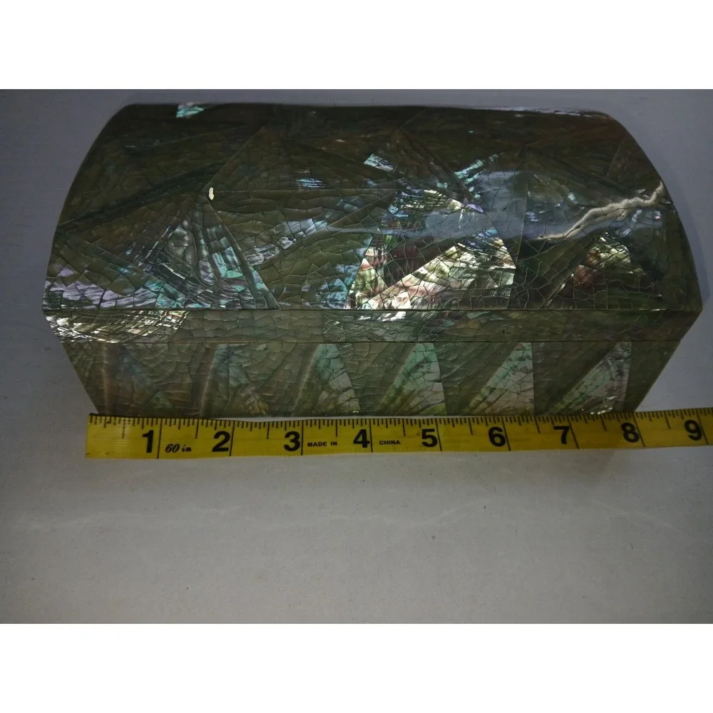 Vintage Iridescent Crackled Abalone‎ Mosaic Humpback Jewelry Box w/red Interior